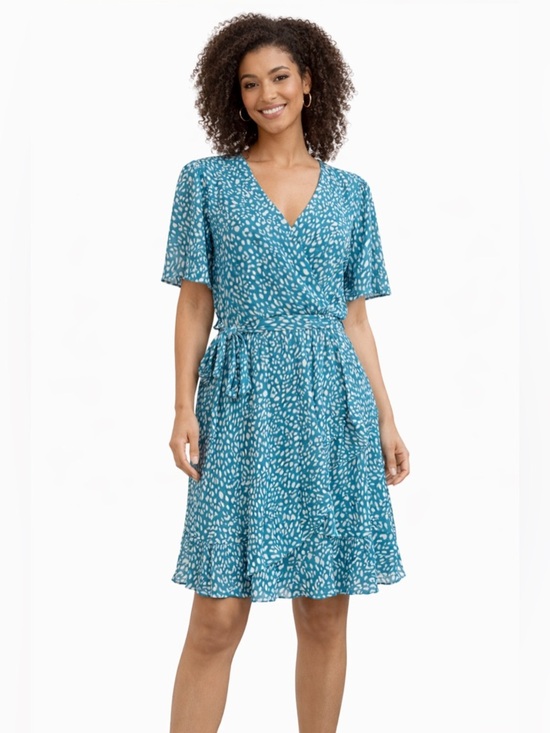 Jun & Ivy Dresses & Skirts - Romantic Flowy Dress Turquoise Blue and White Ruffled Brunch V-Neck Dress Small